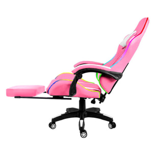 Sedia Gaming Con LED RGB Telecomando Poltrona Ufficio Scrivania Casa PC Racing Girevole Ergonomica Ecopelle Cuscino Lombare Poggiapiedi Rosa E Bianco
