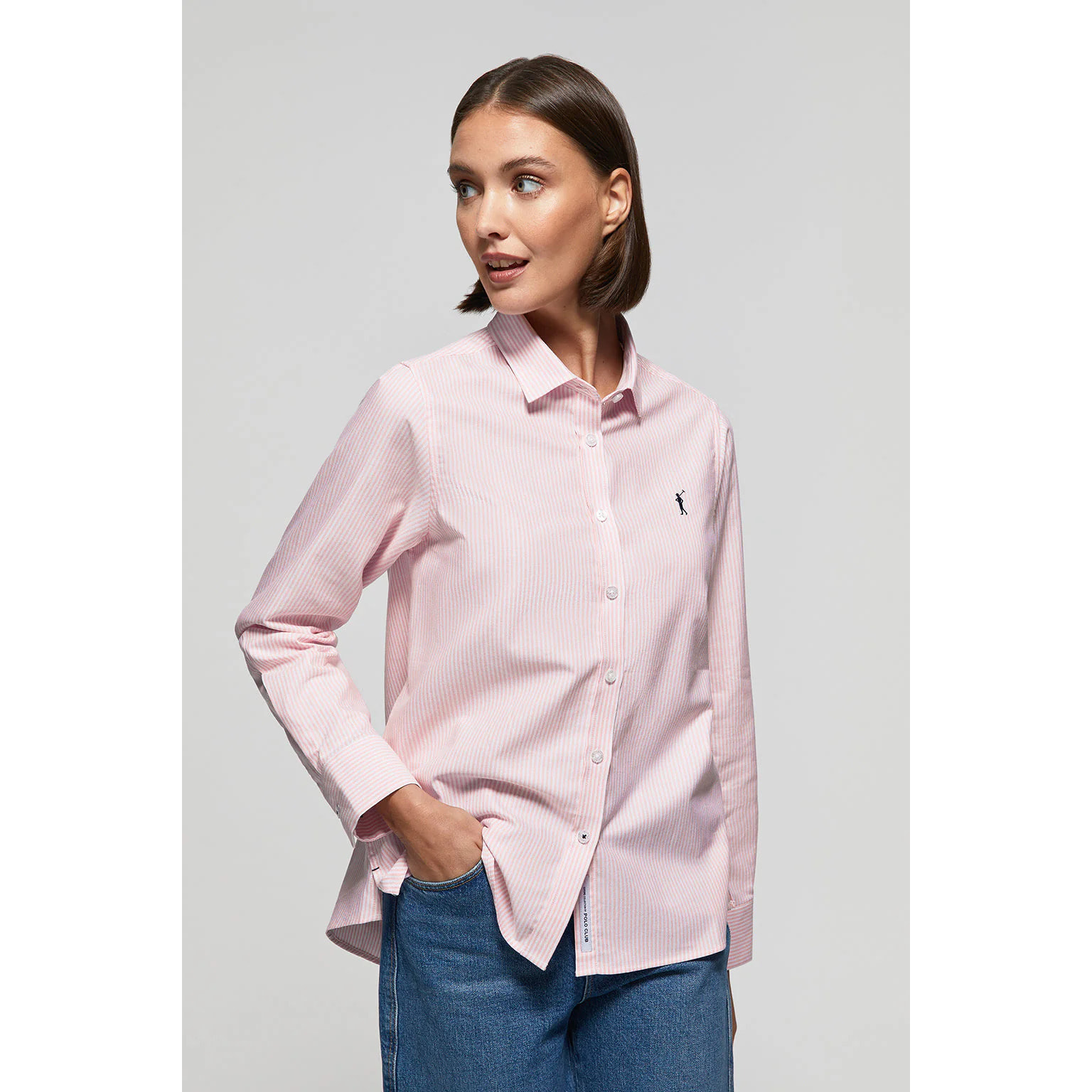 Camisa Oxford de rayas rosa con logo Rigby Go