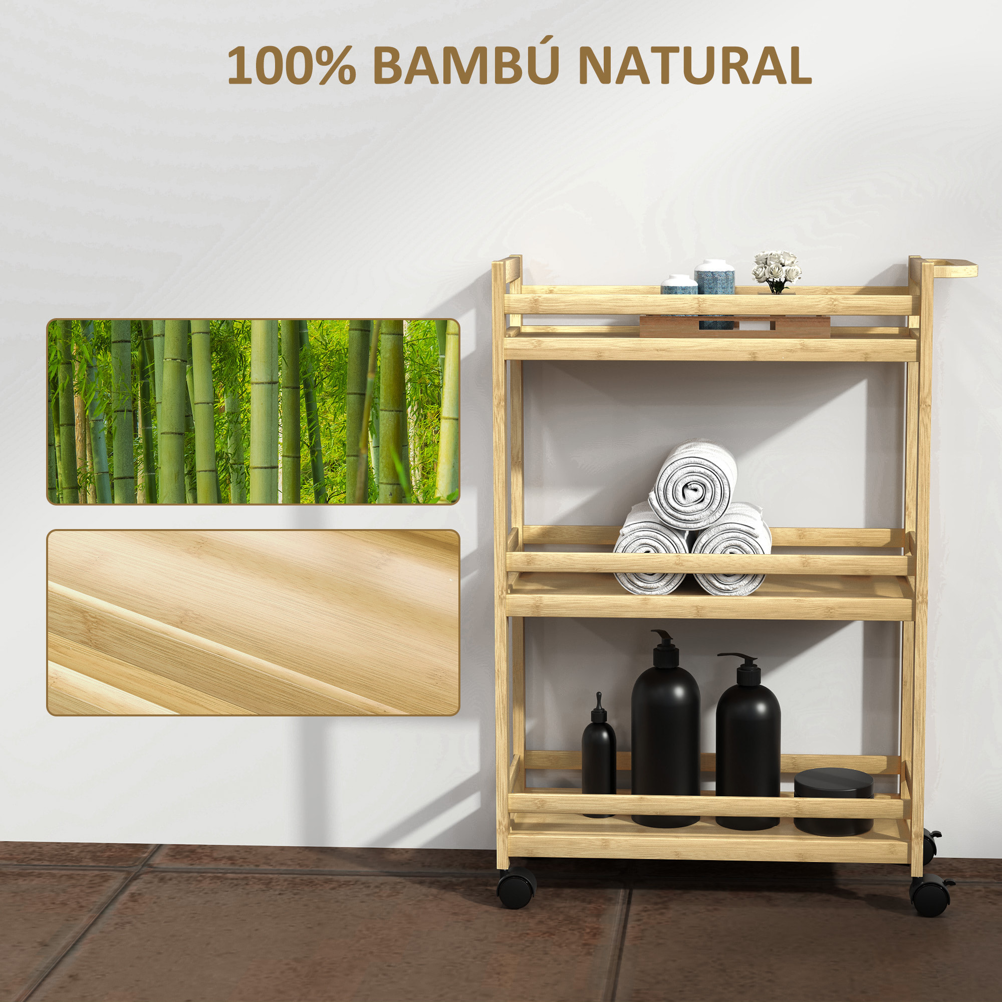 Estantería de Baño de Bambú de 3 Niveles Carrito Auxiliar de Almacenaje con Ruedas para Salón Cocina 55x20x75 cm Natural