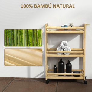 Estantería de Baño de Bambú de 3 Niveles Carrito Auxiliar de Almacenaje con Ruedas para Salón Cocina 55x20x75 cm Natural