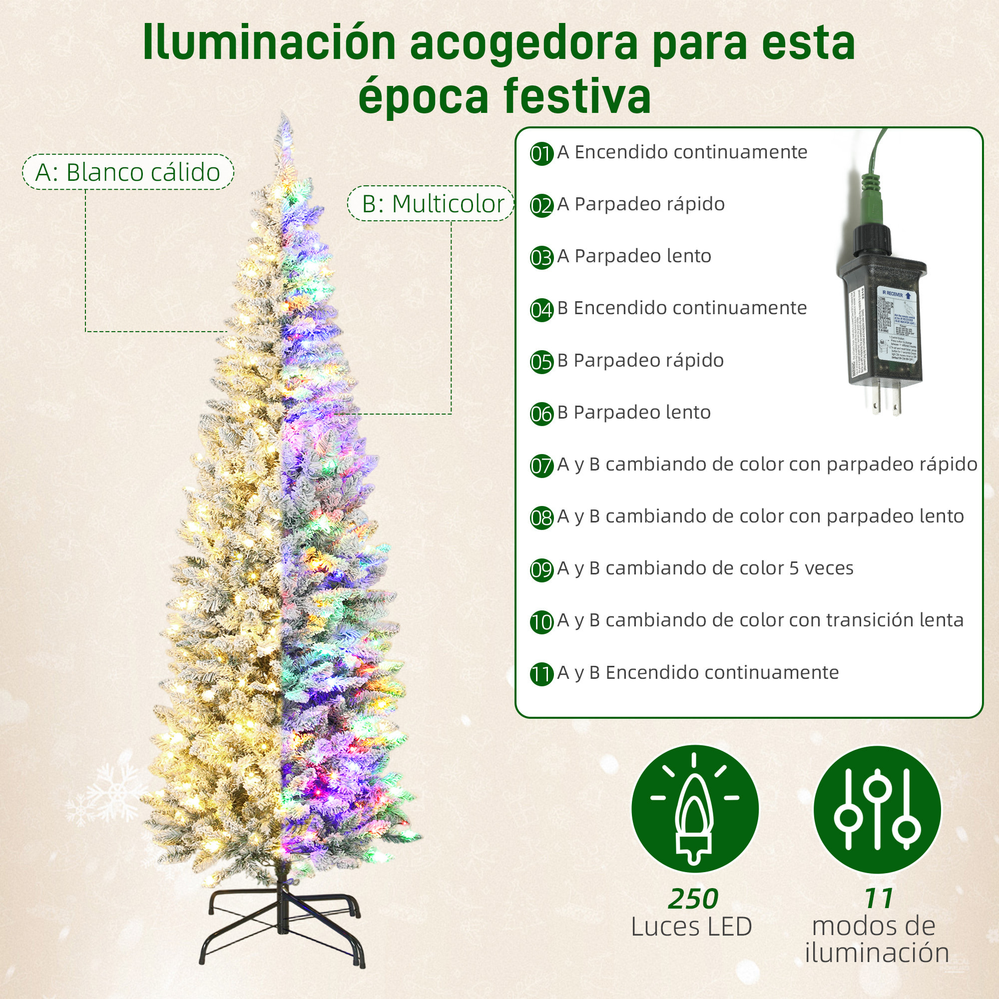 Árbol de Navidad Estrecho 210 cm, Árbol de Navidad Nevado con Luces LED Bicolores, 11 Modos de Iluminación, 687 Ramas, Soporte Metálico, Fácil de Montar, Verde