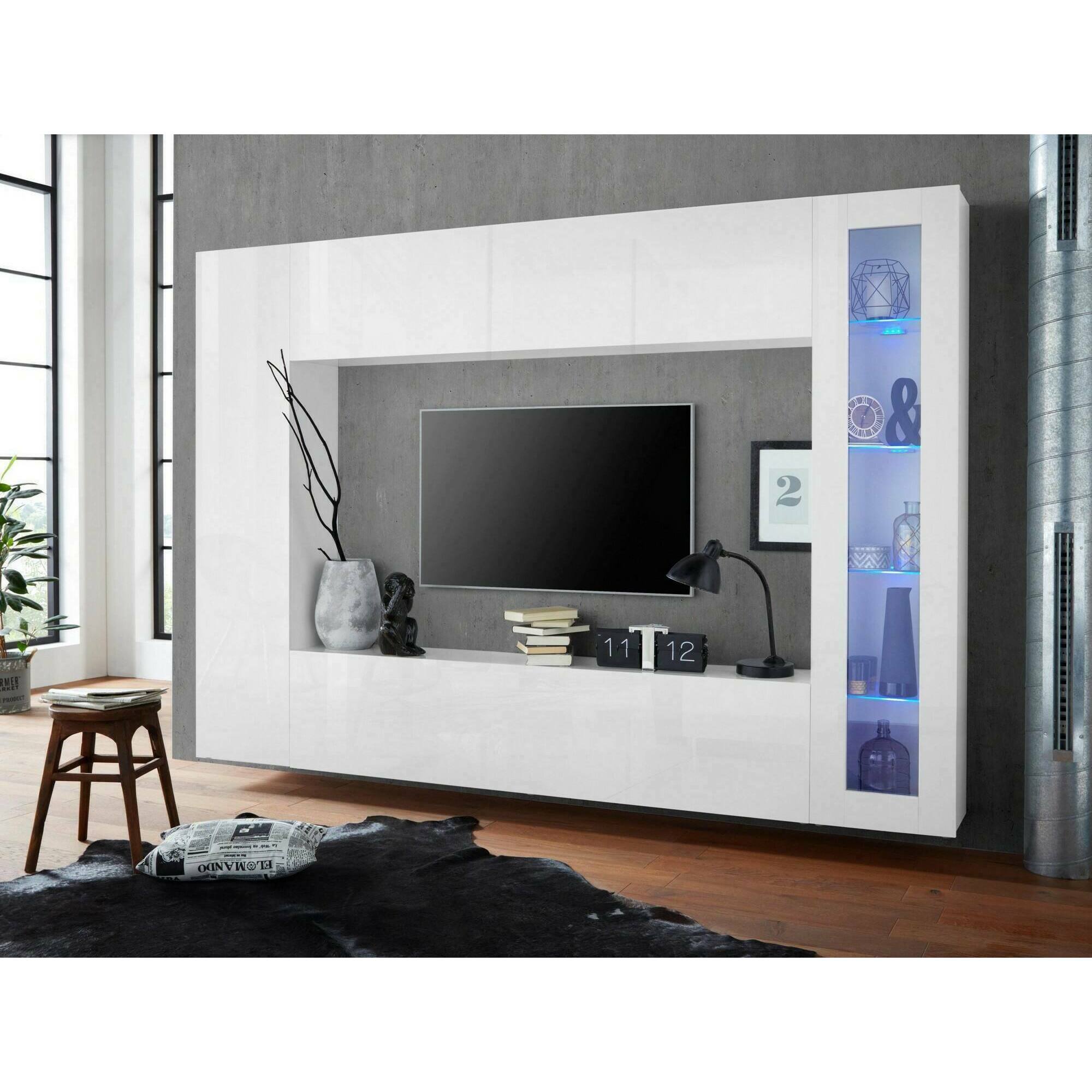 Parete attrezzata da soggiorno, Made in Italy, Base porta TV e pensili e scaffali, Set salotto moderno, cm 260x30h180, colore Bianco lucido, con luce LED blu ed una vetrina