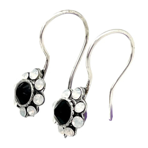 Pendiente flor cristal Sw en negro y blanco plata 10µ