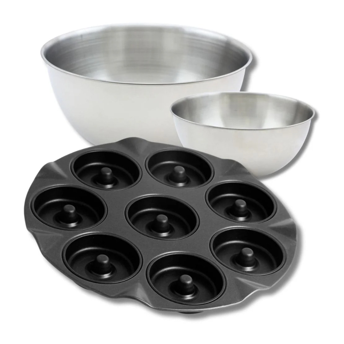 Ensemble avec 1 Moule pour 8 beignets au four, 1 spatule Zenker et 2 bols à mixer en inox Fackelmann