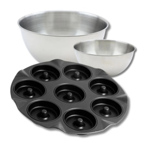 Ensemble avec 1 Moule pour 8 beignets au four, 1 spatule Zenker et 2 bols à mixer en inox Fackelmann