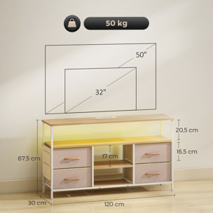 Mueble de TV con Luz LED, Mueble de TV para Salón con Enchufes, Puertos USB, Estantes Abiertos, 4 Cajones de Tela Plegables y Bolsillo, para Televisión hasta 50 Pulgadas, Beige y Natural