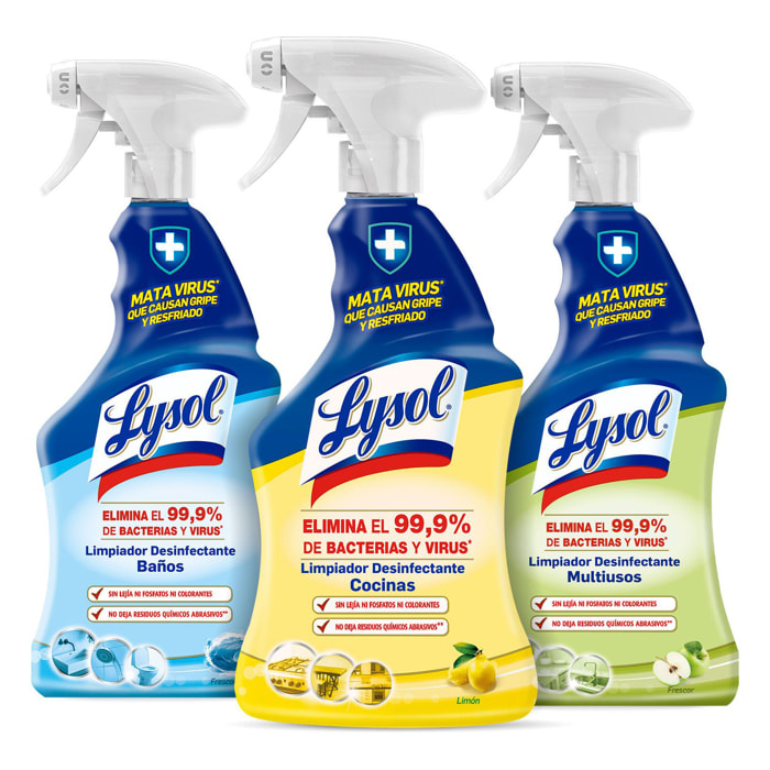 PACK 3x SPRAYS DESINFECTANTES LYSOL 750ML (MULTIUSOS, COCINA, BAÑO)