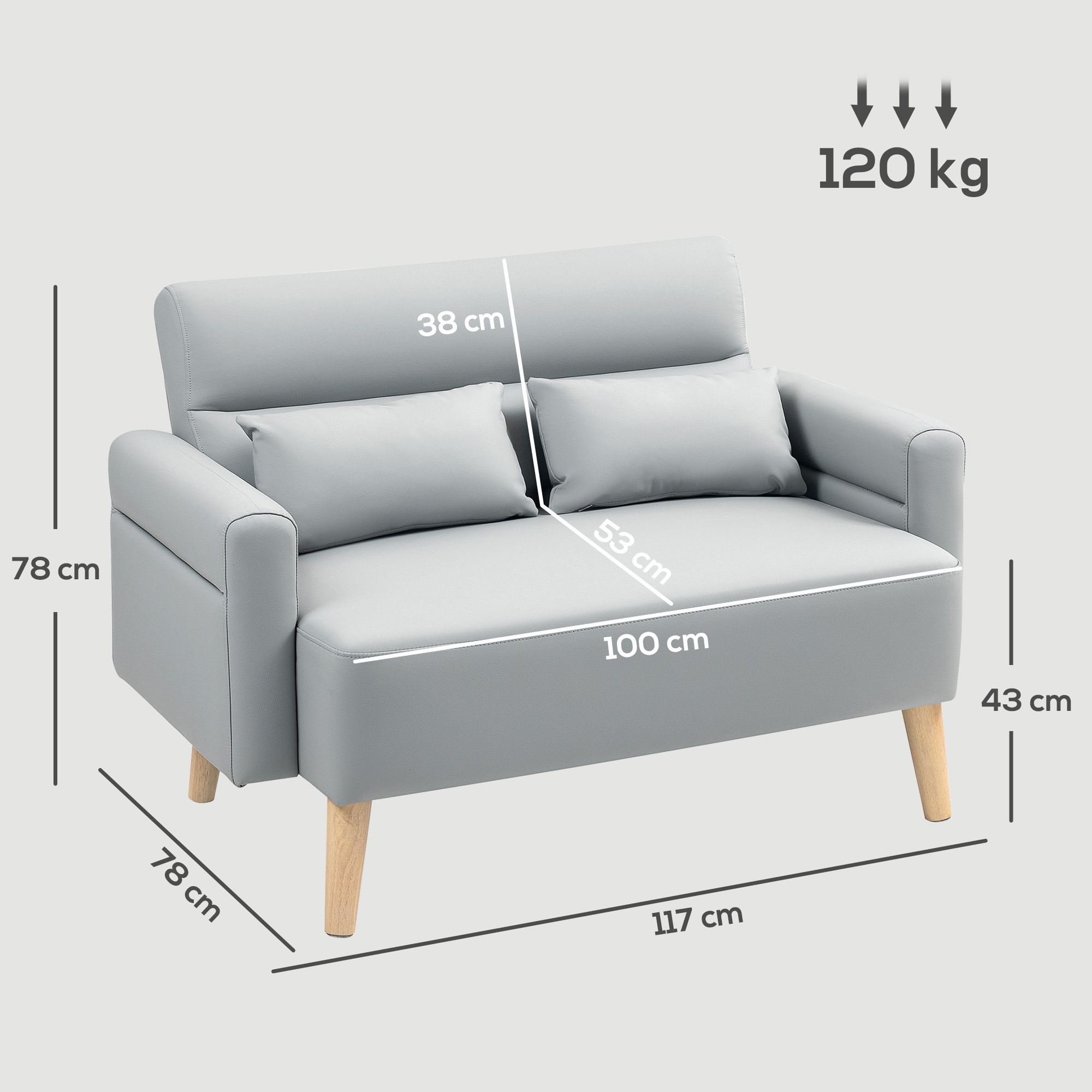 Sofá de 2 Plazas Tapizado en Cuero Sintético Sofá de Salón de 117 cm con Reposabrazos Acolchado Grueso Respaldo Acanalado y Patas de Madera para Dormitorio Sala de Estar Gris
