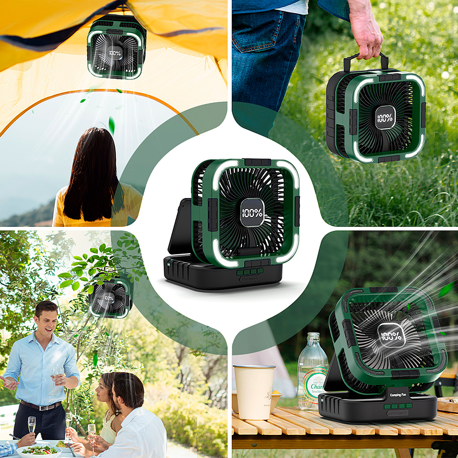 Ventilatore a 6 velocità con pannello solare da 3W, oscillazione, display LCD, 24 luci LED bicolore con 80lm, timer e power bank da 10000mAh.