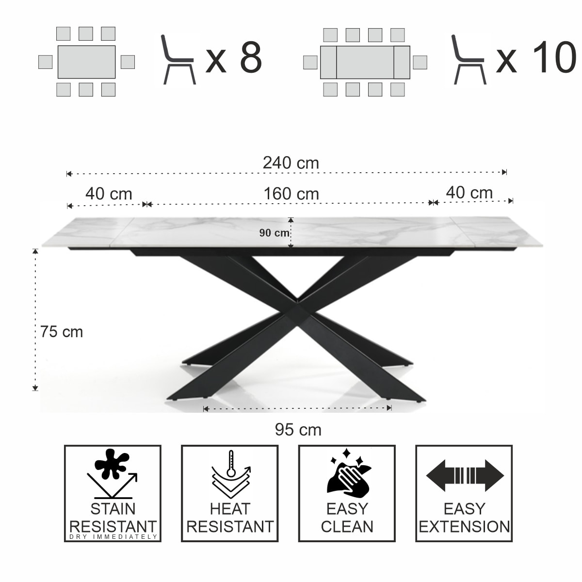 Tomasucci MELVIN EVO 160 MARBRE BLANC - Table extensible NOIRE