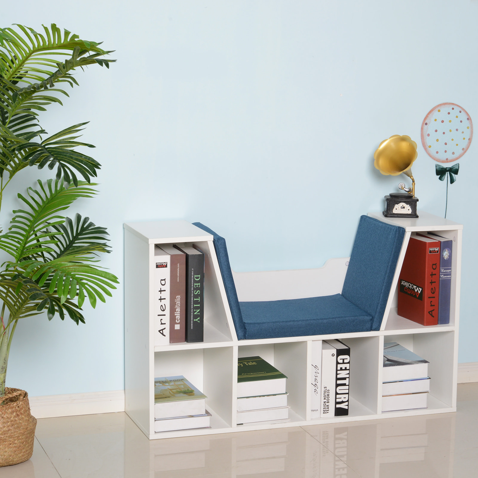 Bibliothèque banc 2 en 1 design contemporain 6 casiers 3 coussins fournis 102L x 30l x 61H cm blanc bleu