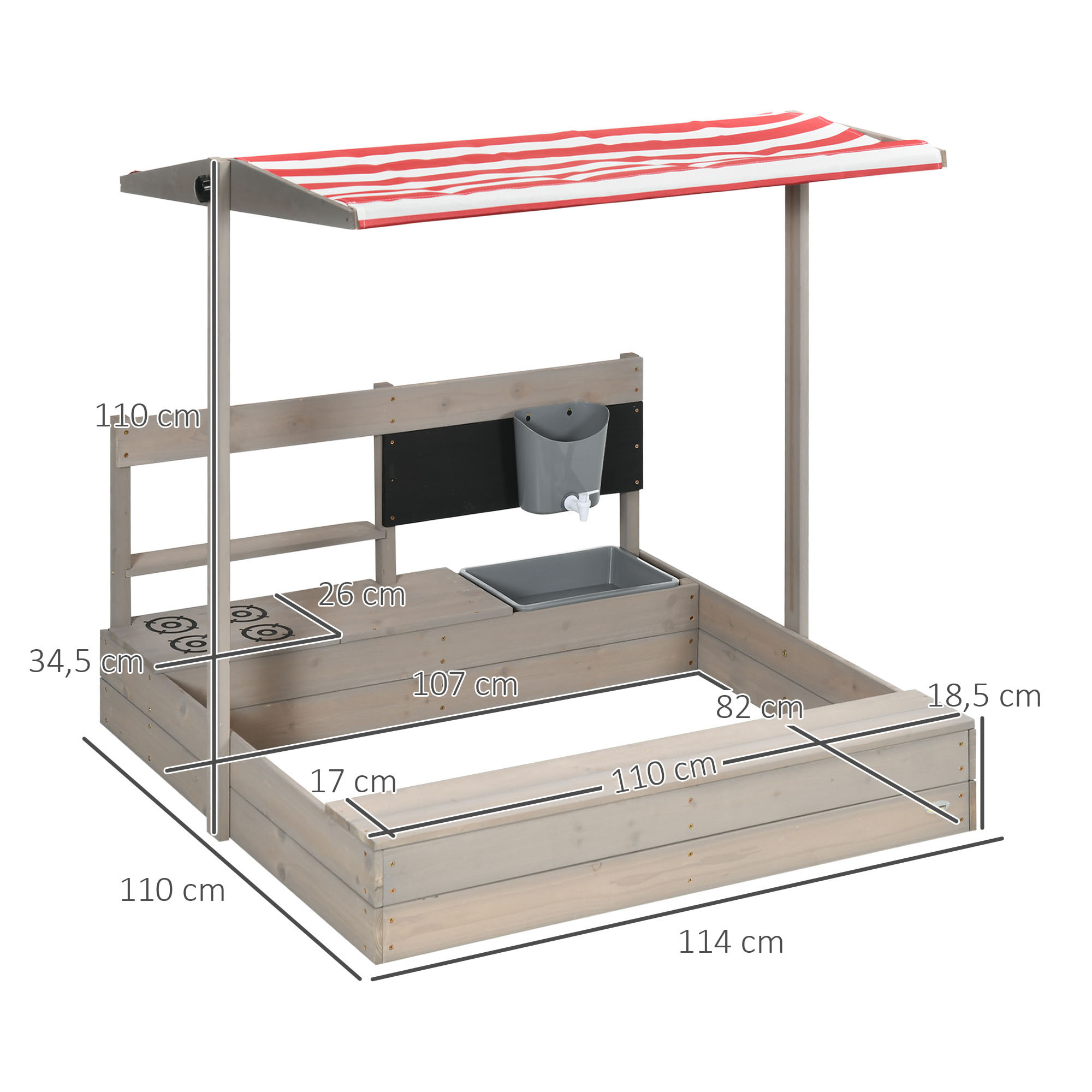 Arenero de Madera para Niños con Techo Regulable Arenero Infantil con Juguetes de Cocina y Banco Juego para Niños de 3-7 Años para Patio Jardín 114x110x110 cm Gris