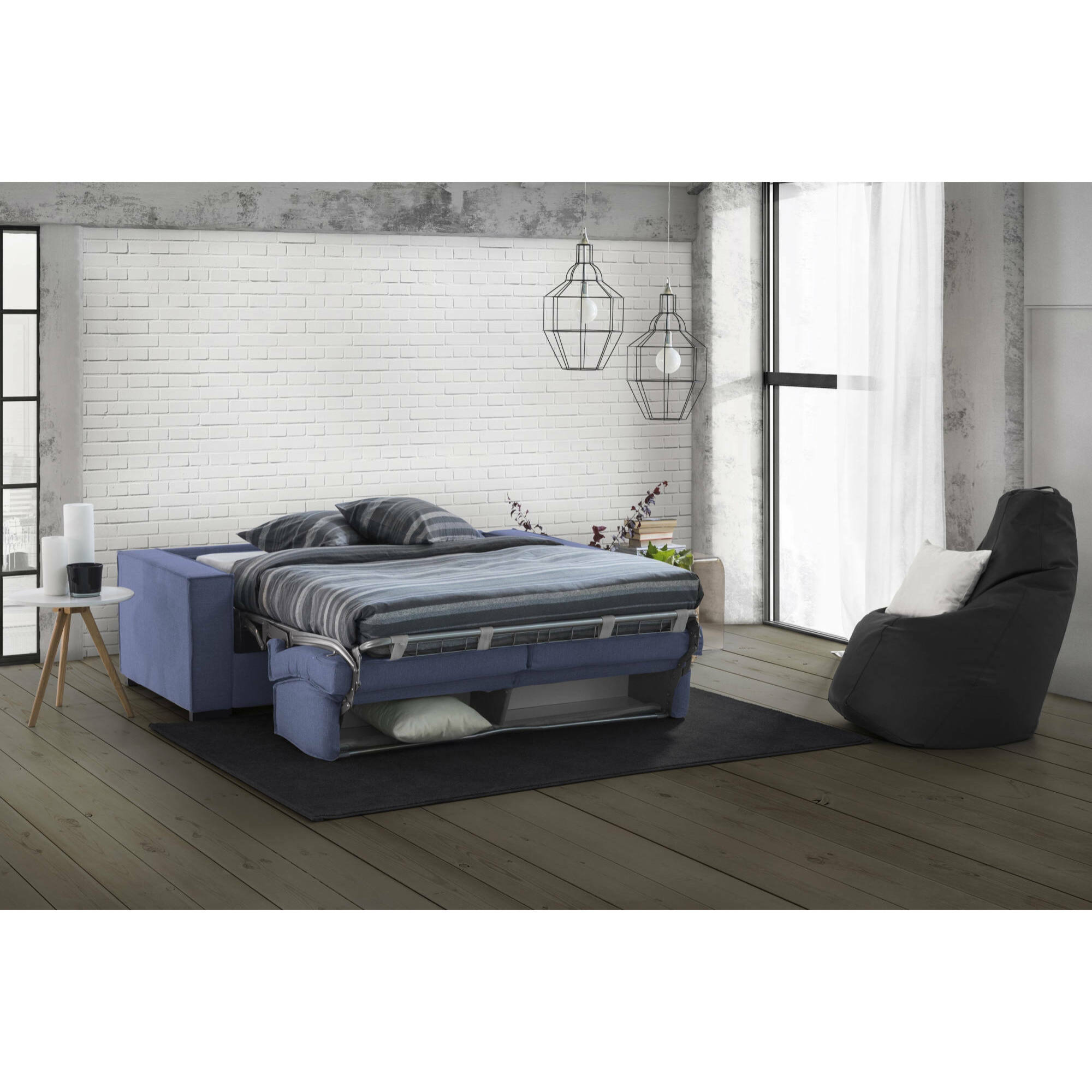 Divano letto 2 posti Amapola, Sofà Soggiorno con apertura girevole, Tessuto imbottito, Braccioli standard, 100% Made in Italy, Cm 200x95h90, Blu