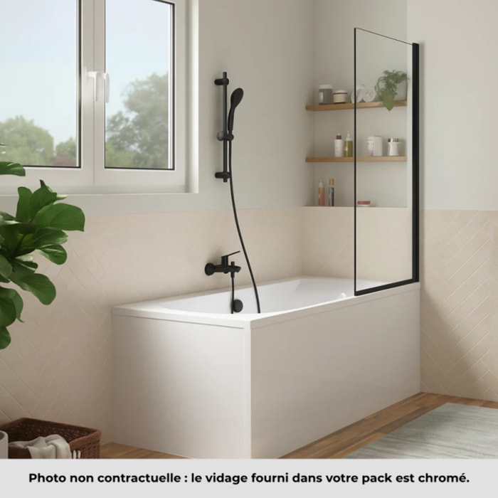 Pack baignoire 170 x 75 Elise + tablier angle + mitigeur bain douche mural Aimé noir + pare bain noir mat + vidage
