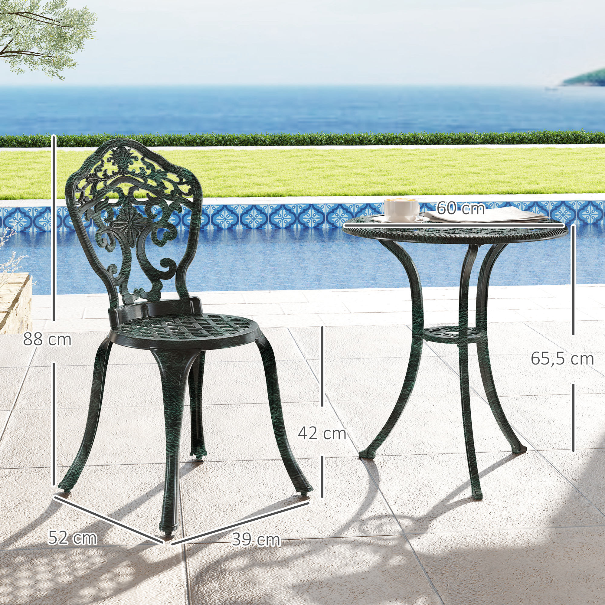 Ensemble bistrot de jardin 2 personnes 3 pièces aluminium aspect fer forgé noir vieilli vert