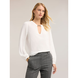 Motivi - Blusa in crêpe de chine con passante metallico - Bianco
