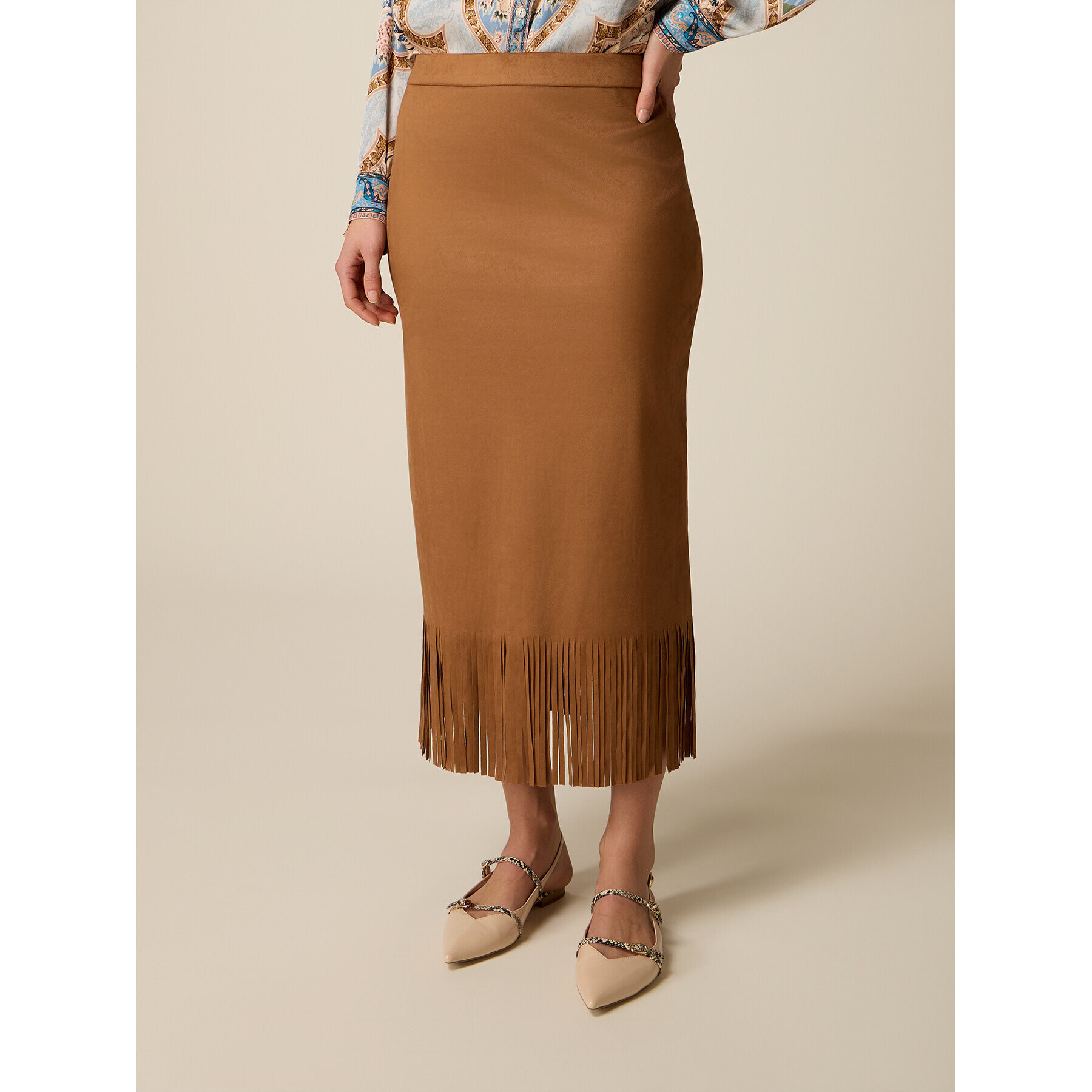 Oltre - Gonna tubino con frange - Marrone