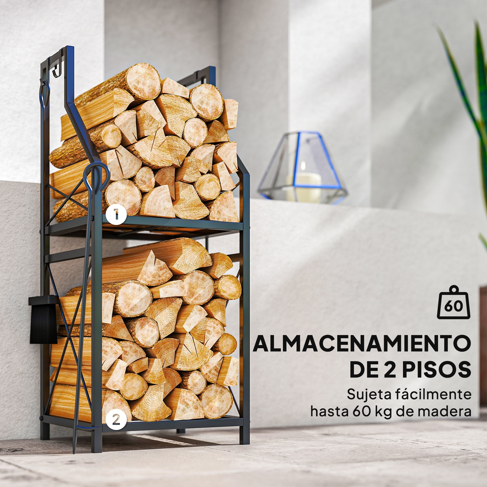 Estante de Leña Metálico de Chimenea, Soporte para Leña de 2 Niveles, Leñero Exterior con 4 Herramientas, Ganchos y Base Elevada, para Interior y Exterior, 34x30x80 cm, Negro