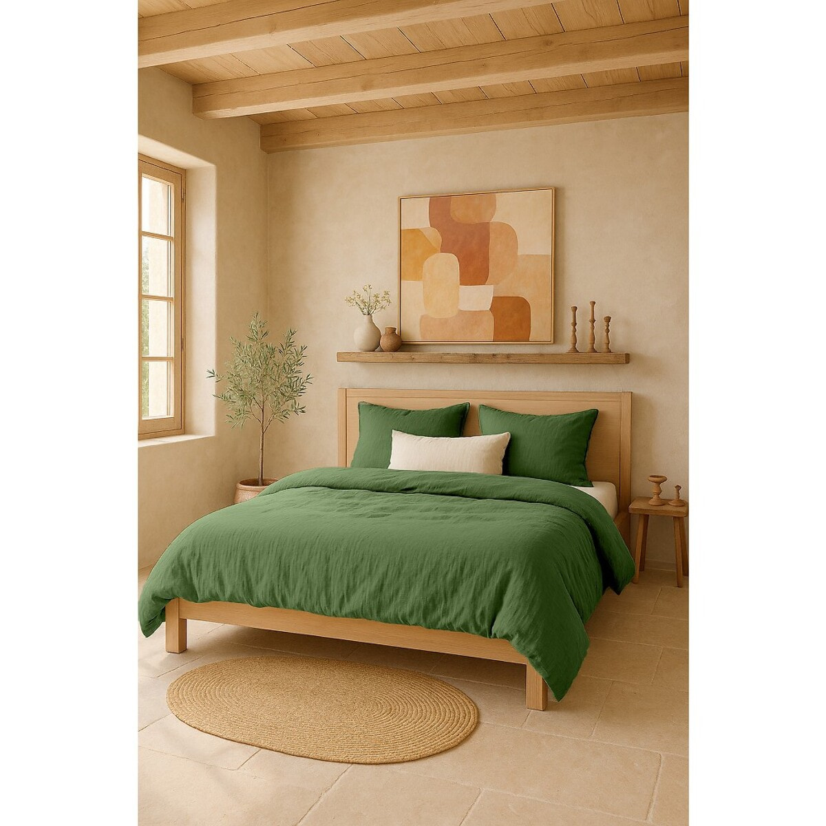 Drap housse gaze de coton lavé vert cèdre