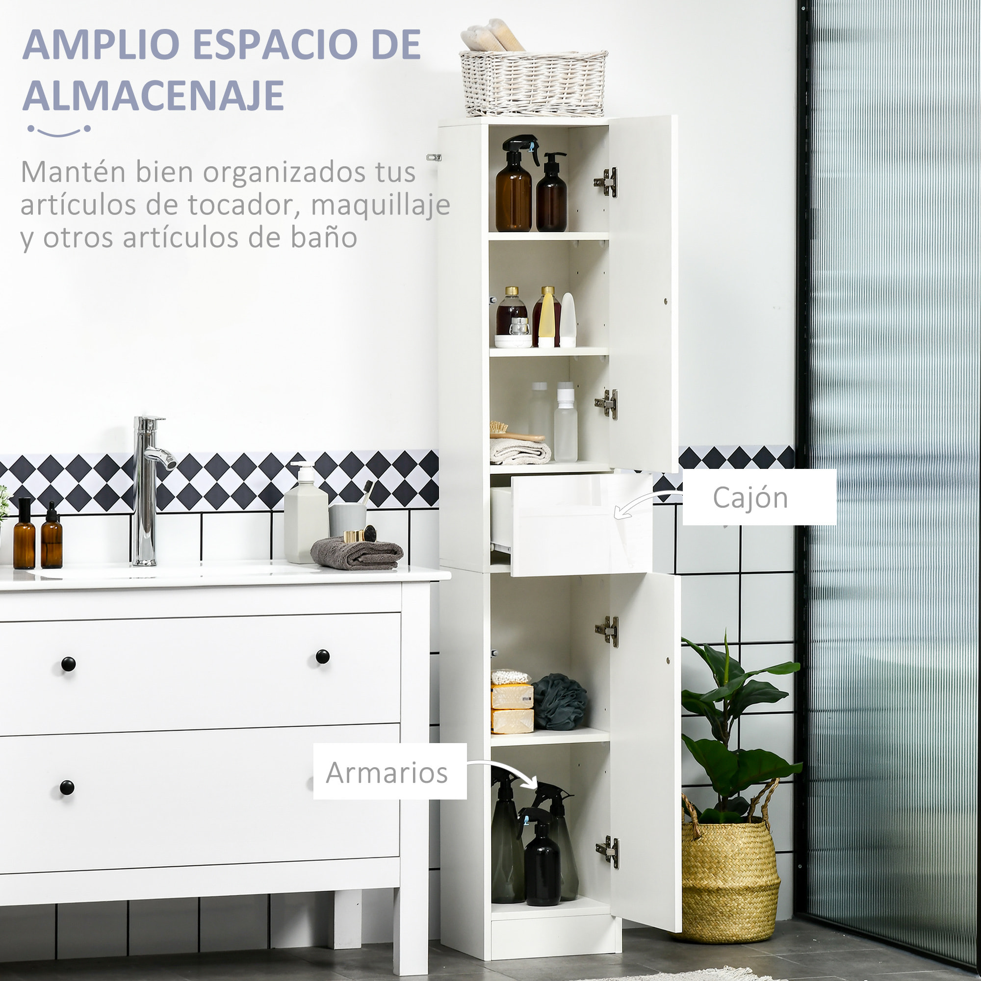 Armario Alto de Baño con 1 Cajón 5 Estantes Abiertos Estilo Moderno 30x28x170 cm