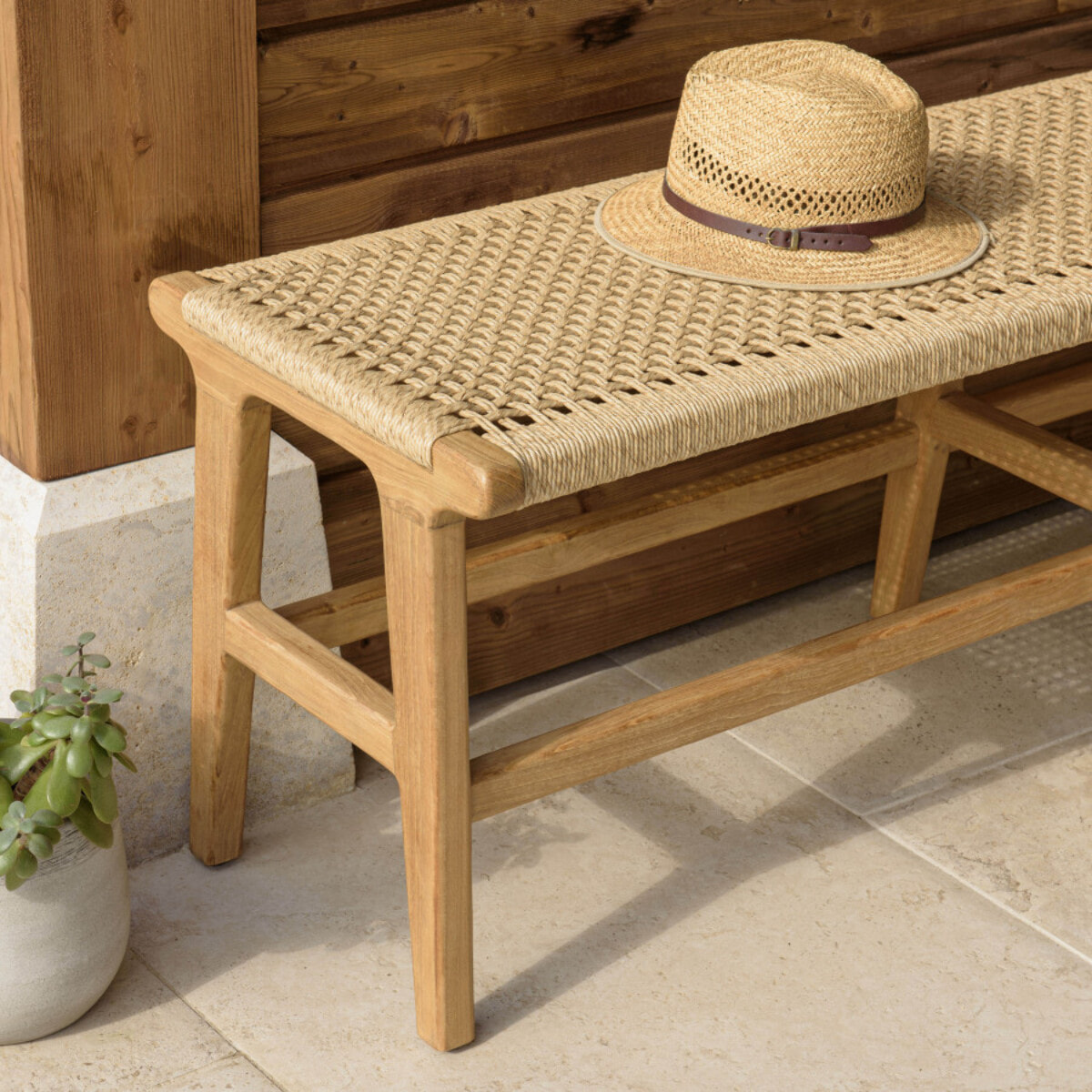 VALERIA - Banc de jardin 3 places teck assise rotin synthétique beige