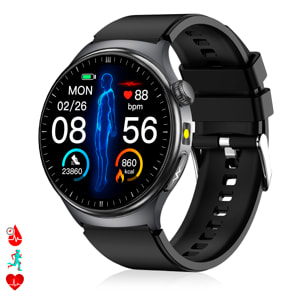 Smartwatch TK27. Llamadas Bluetooth con funciones avanzadas de salud: medición de glucosa, lípidos y ácido úrico, temperatura corporal, ECG, micro examen físico y composición corporal.