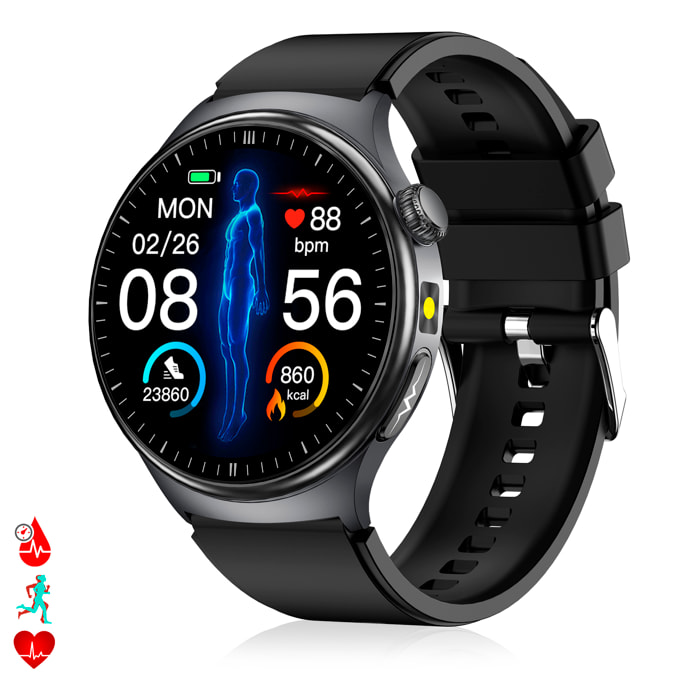 Smartwatch TK27. Llamadas Bluetooth con funciones avanzadas de salud: medición de glucosa, lípidos y ácido úrico, temperatura corporal, ECG, micro examen físico y composición corporal.