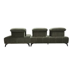 Canapé modulable 4 places avec têtières ajustables en tissu effet velours vert kaki et métal noir OLMO