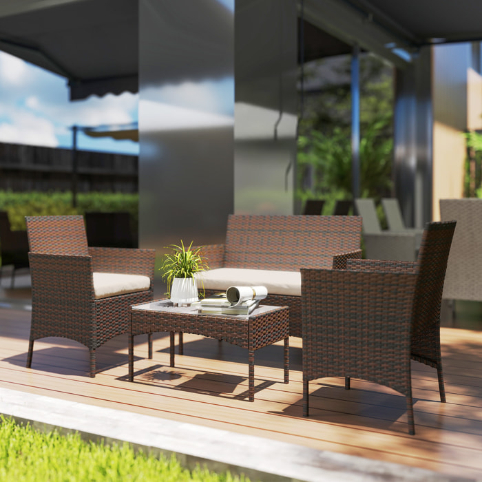 Conjunto Jardín Exterior de Ratán con Cojines Conjunto Terraza Resistente a la Intemperie Muebles Jardín Exterior con 2 Sillones Sofá de 2 Plazas Mesa con Cristal Marrón