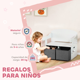 Banco Infantil Convertible 3 en 1, Juego de Mesa y Silla, Baúl de Juguetes con Cubos de Tela Extraíbles, Banco de Almacenaje, Mueble Multifuncional para Niños 3-6 Años, Blanco
