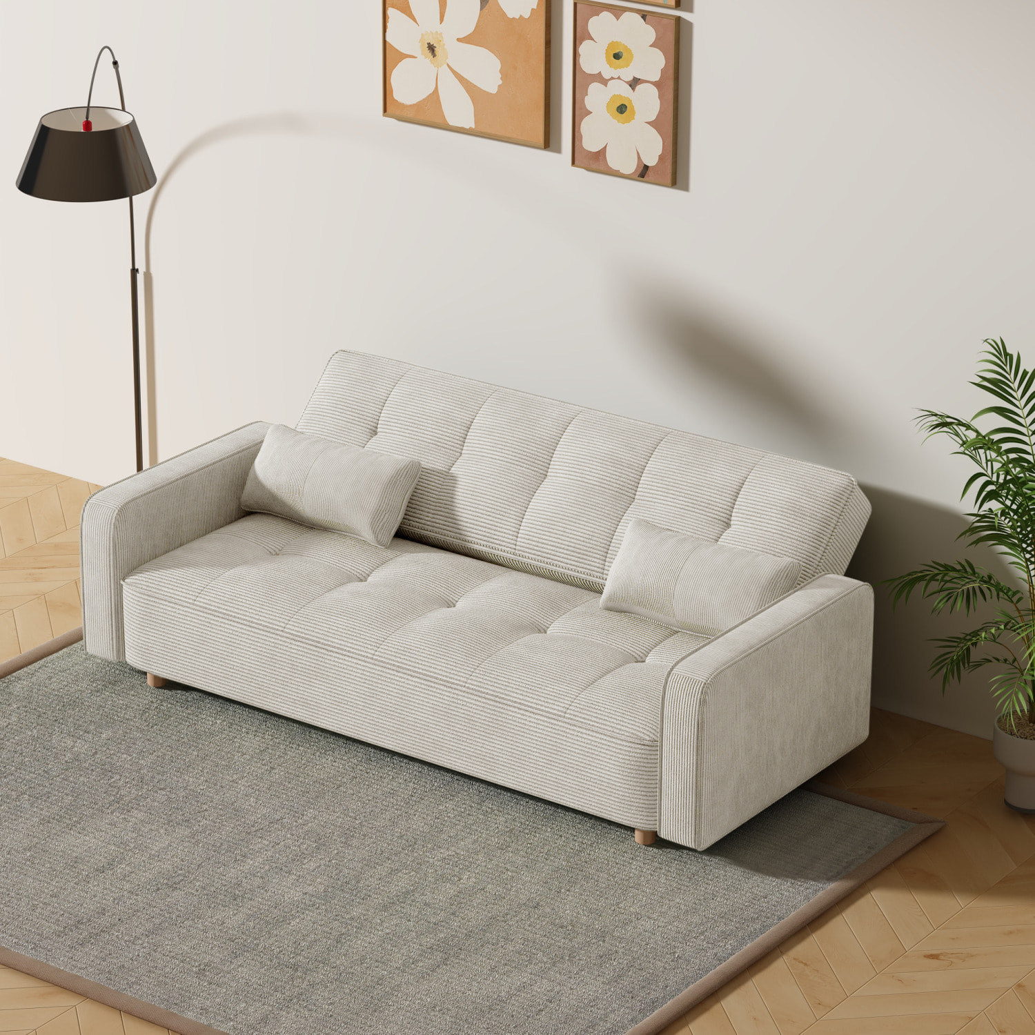 Canapé convertible 3 places en velours côtelé beige COOPER