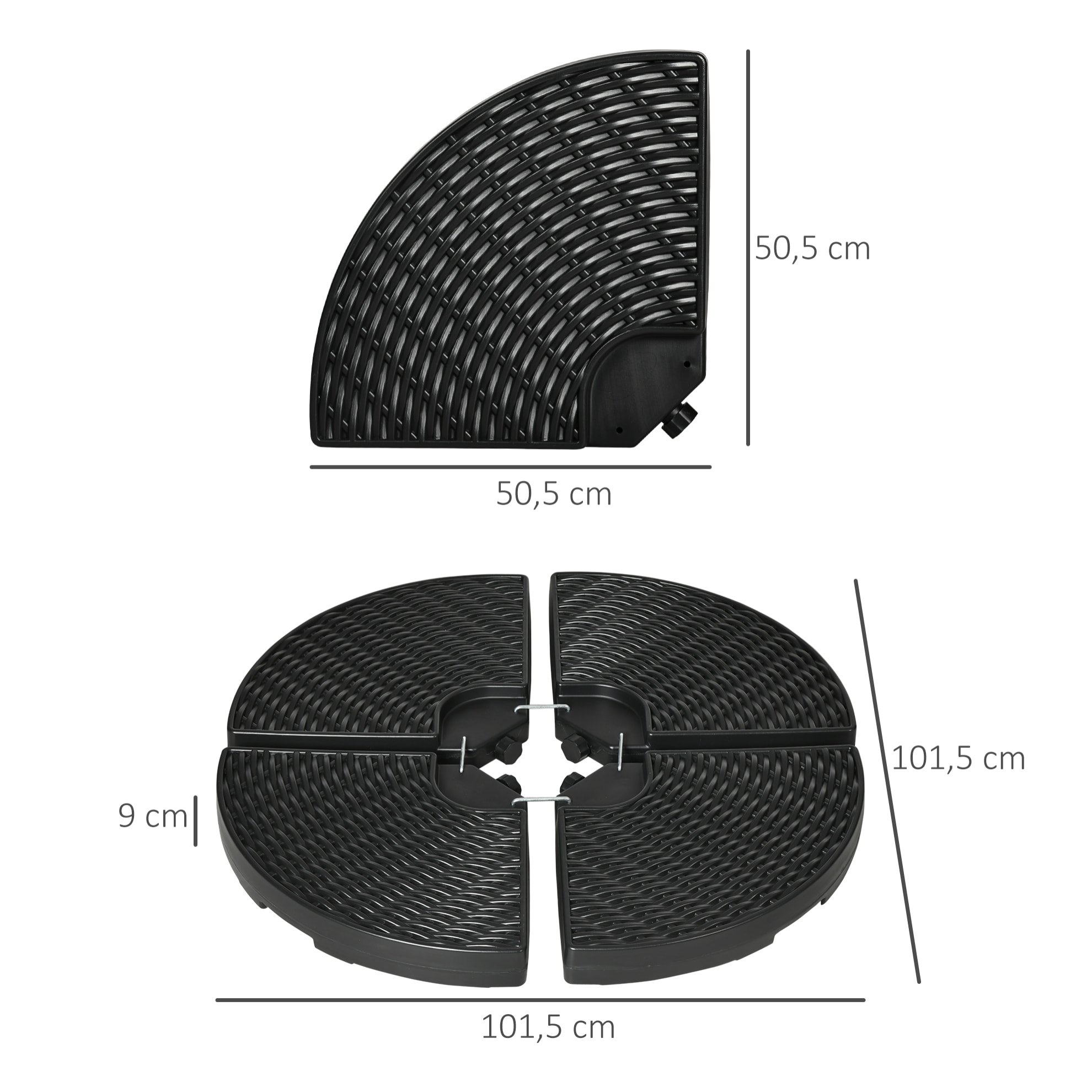 Pied de parasol lot de 4 dalles pour parasol à lester dim. tot. 100L x 100l x 8H cm HDPE aspect rotin noir