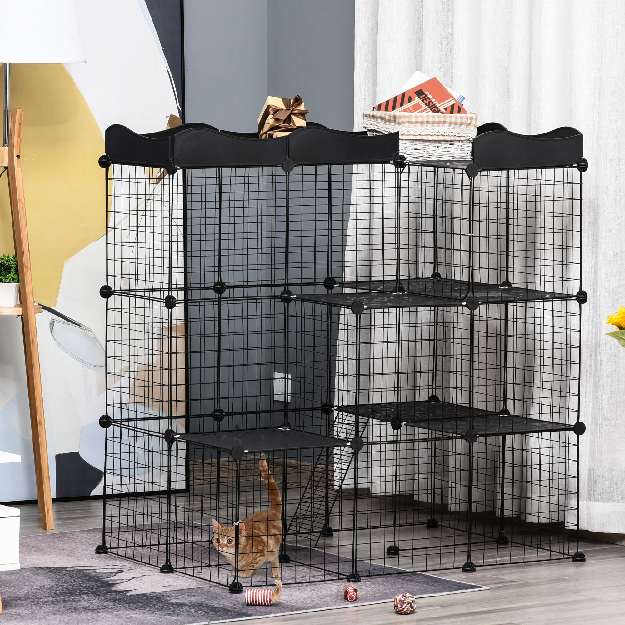 Cage parc enclos chat modulable dim. L105 x l70 x H105 cm 3 niveaux 2 portes rampe plateformes PE motif graphique fil métallique noir