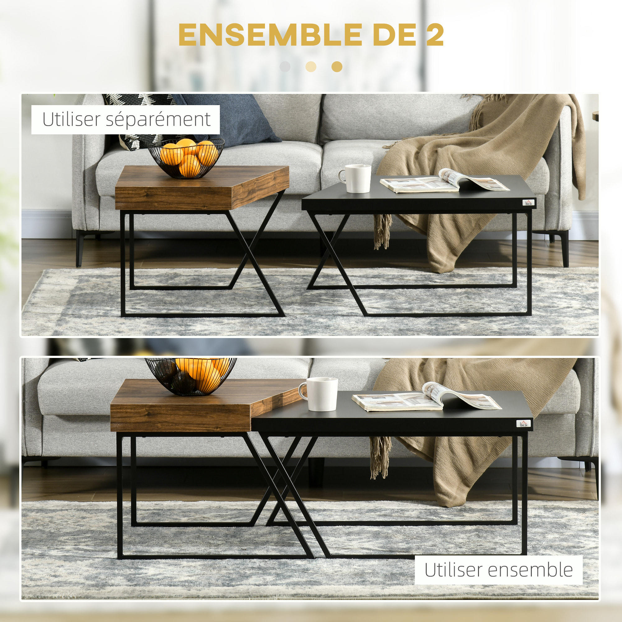 Lot de 2 tables basses design industriel géométrique - effet bois et acier noir