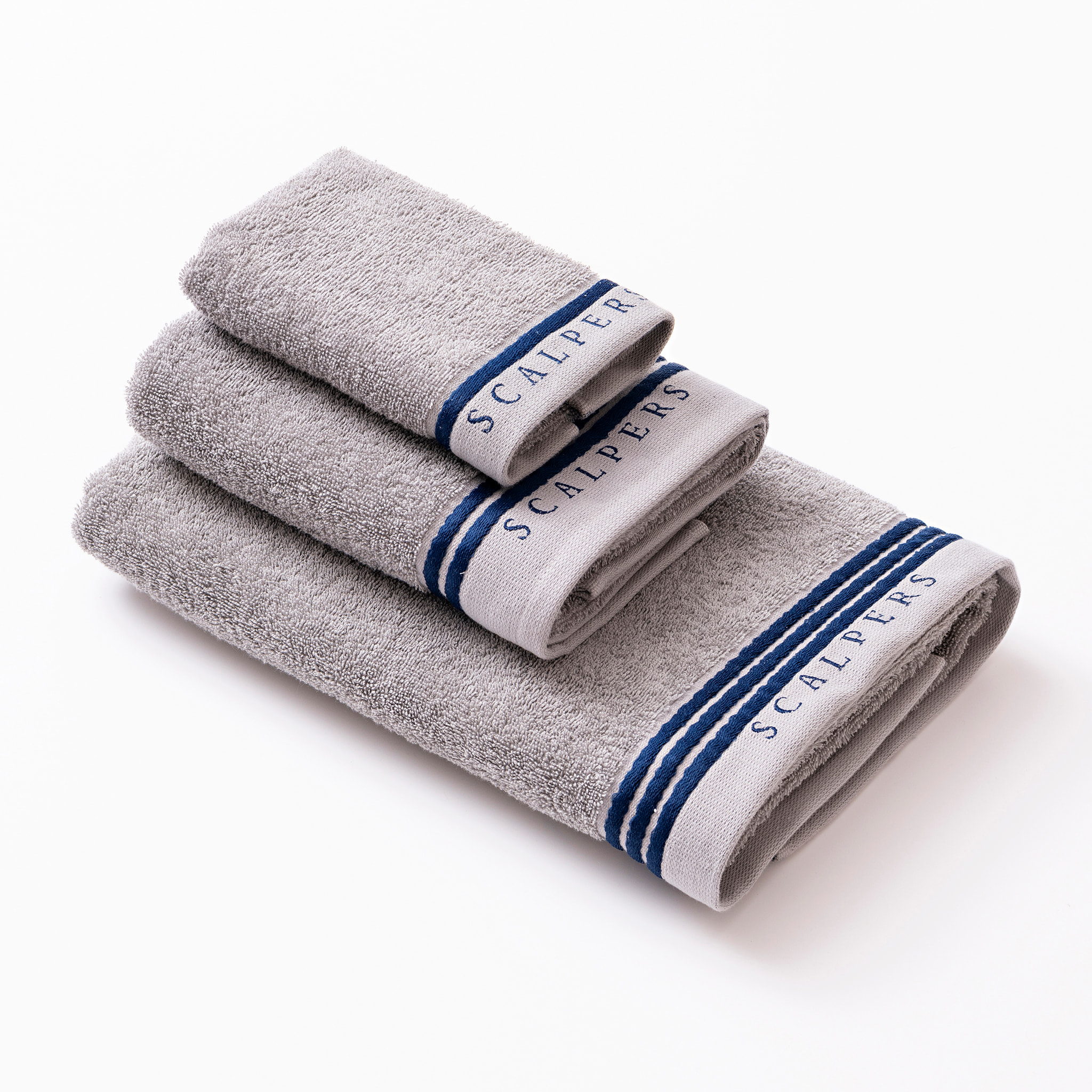 Set 6 toallas baño (2x tocador 30x50cm + 2x manos 50x90cm + 2x baño 70x140cm) 450gsm en algodón gris con azul scalpers home