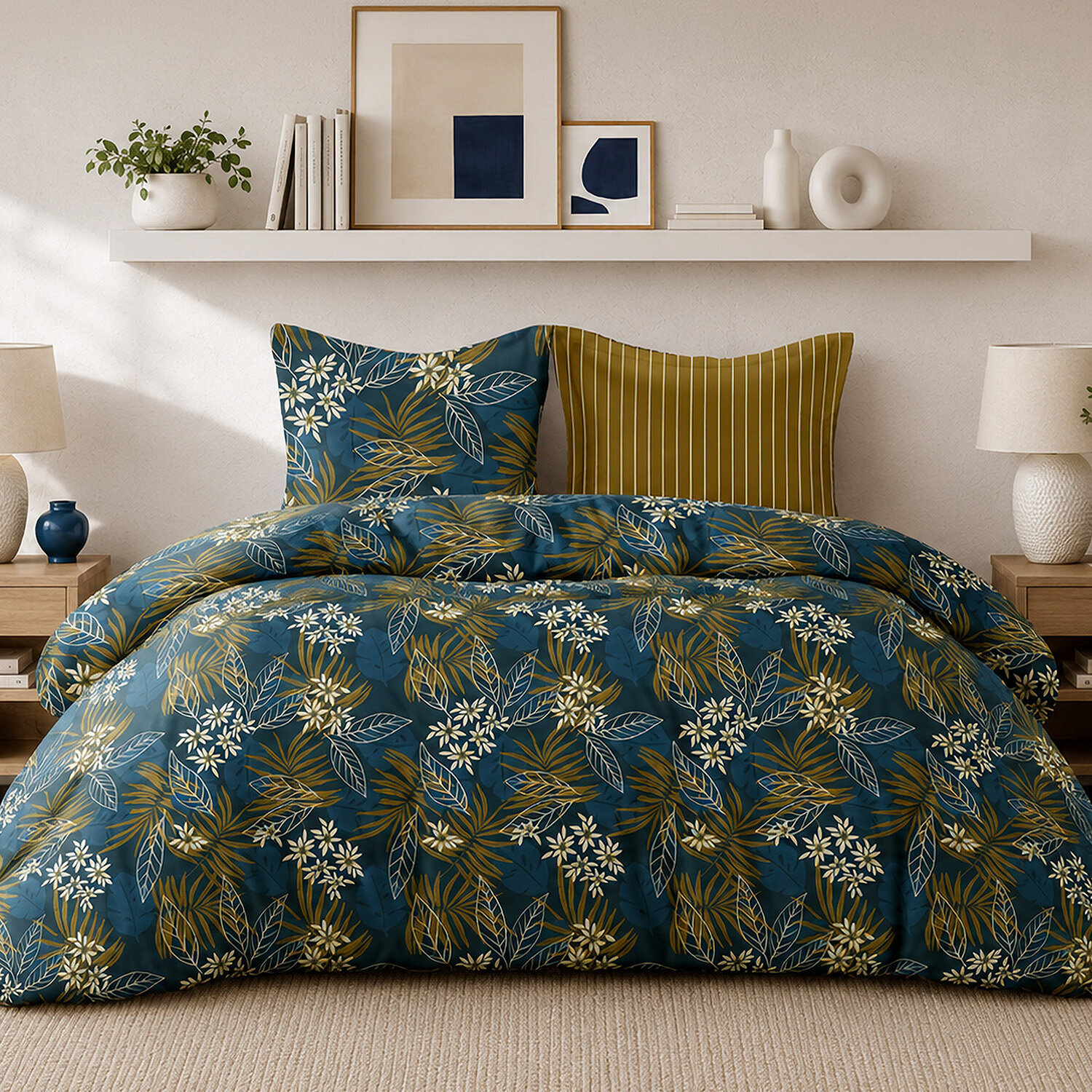 Parure housse de couette 100% percale de coton motif végétal tropical et floral - FLORILEGE
