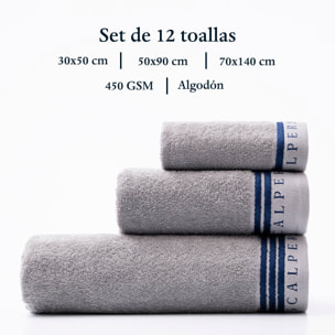 Juego de 4 sets de 3 toallas grises (4x tocador 30x50cm + 4x manos 50x90cm + 4x baño 70x140cm) 450gsm en algodón scalpers home