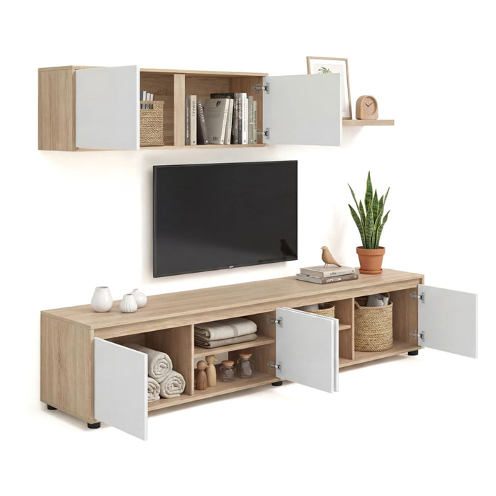 Salón con mueble de TV y estantería en roble canadian y blanco artik 200 cm Arlet Roble Canadian - Blanco Artik (Blanco Mate)