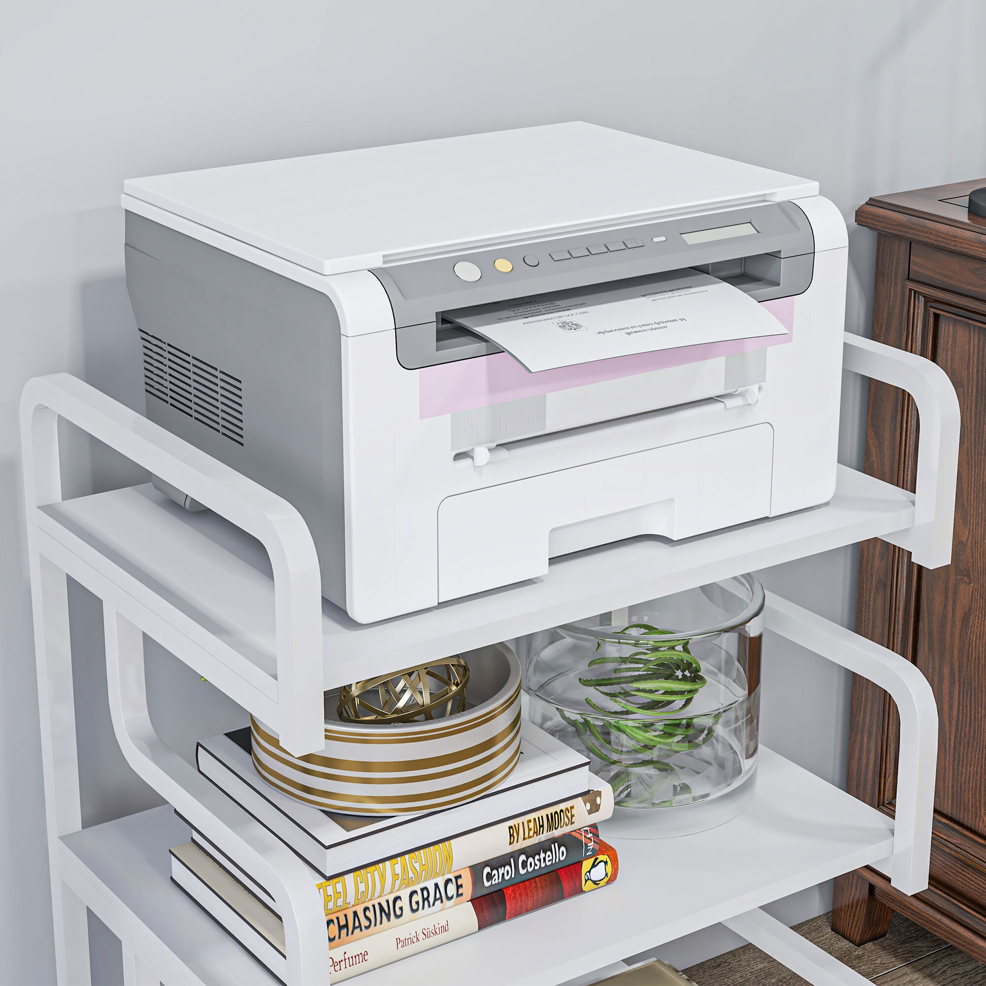 HOMCOM Soporte para Impresora de 3 Niveles, Mueble para Impresora con Marco de Acero, Estantería de Almacenamiento Multiusos para Escáner y Fax en Oficina, Casa, 55x40x77 cm, Blanco