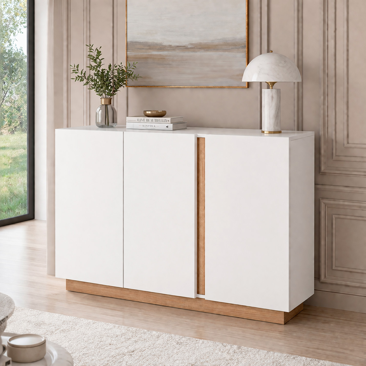 Credenza Soggiorno 3 Ante Madia Moderna Con Ripiani Interni Mobile Contenitore Design Elegante Oldenburg 138 x 40 x 90.5 Cm Bianco Lucido e Rovere