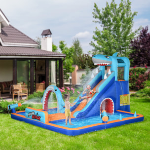 Outsunny Castillo Hinchable Infantil 6 en 1 Castillo Hinchable para Niños con Tobogán Piscina Muro de Escalada Cañón de Agua y Bolsa de Transporte Temática de Tiburón 440x350x240 cm Multicolor