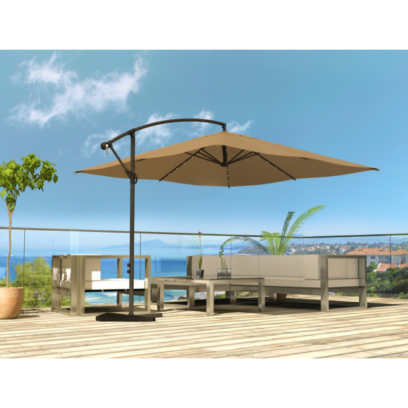 Parasol Bulle LED déporté 3 x 3 m chocolat DAVAGNA