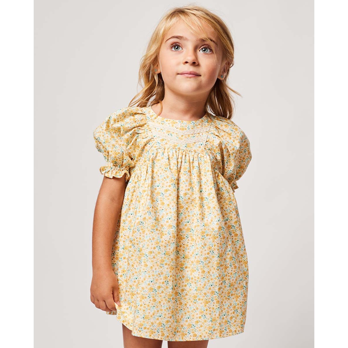 VESTIDO MANGA ABULLONADA FLORES AMARILLO