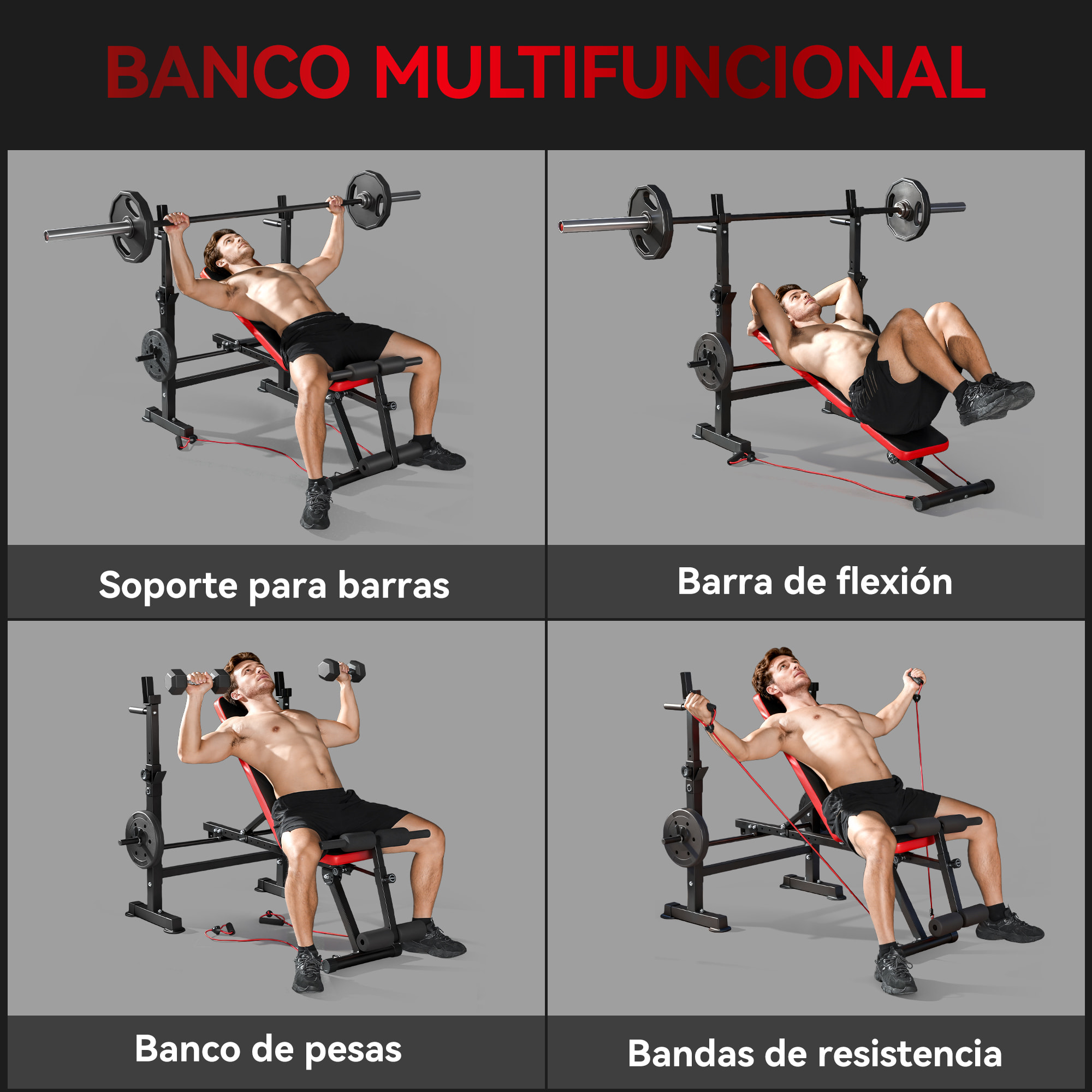 Banco de Musculación Multifuncional, Carga 300 kg, Banco de Pesas Inclinable con Soporte para Barras Ajustable, Asiento y Respaldo Regulable, para Entrenamiento Completo en Casa Gimnasio