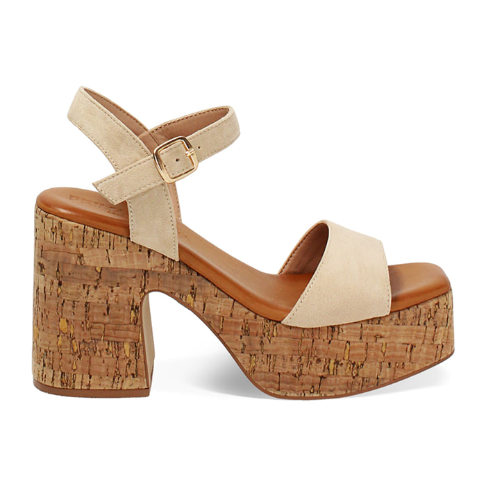 Sandali con plateau donna beige in microfibra