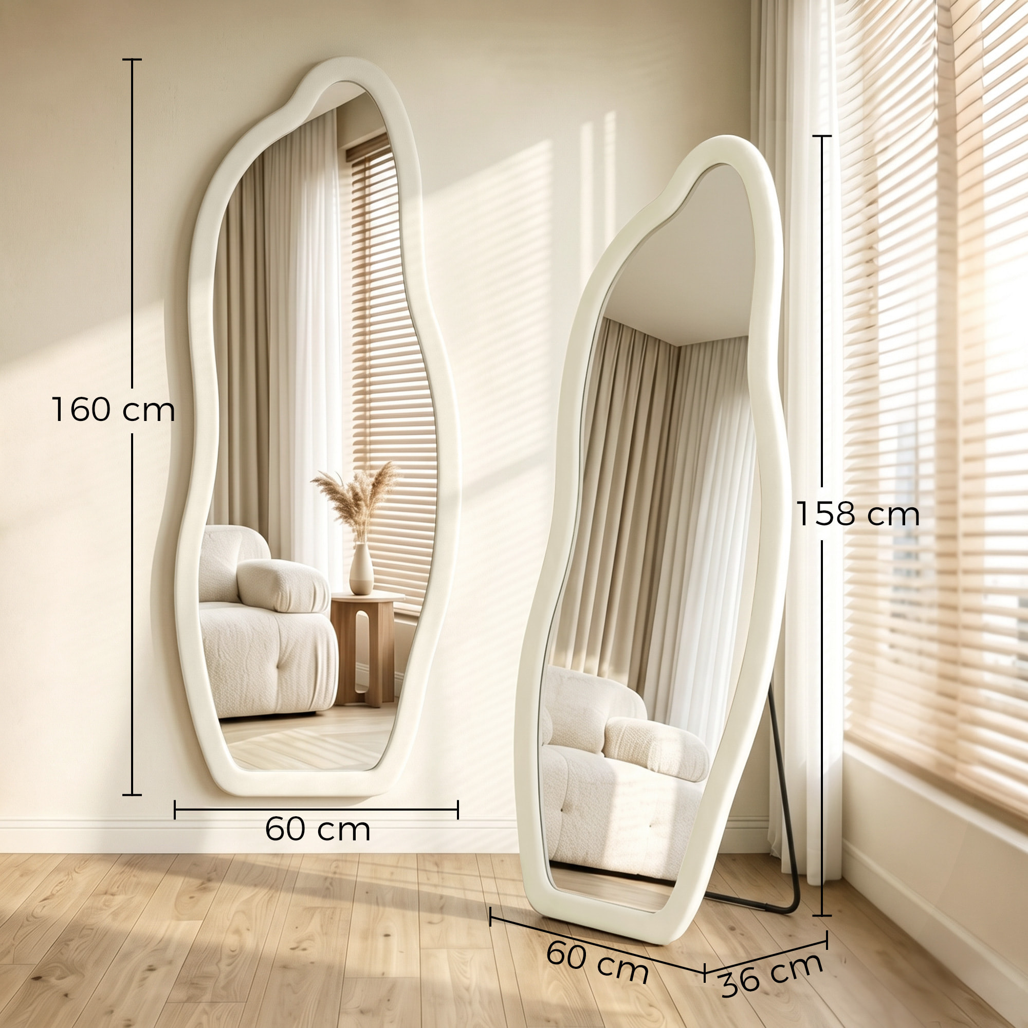 Espejo de Cuerpo Entero, 160x60 cm, Espejo de Pie, Marco Arqueado Aterciopelado, Independiente, Apoyado y de Pared, para Dormitorio, Salón, Vestidor, Crema