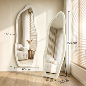 Espejo de Cuerpo Entero, 160x60 cm, Espejo de Pie, Marco Arqueado Aterciopelado, Independiente, Apoyado y de Pared, para Dormitorio, Salón, Vestidor, Crema