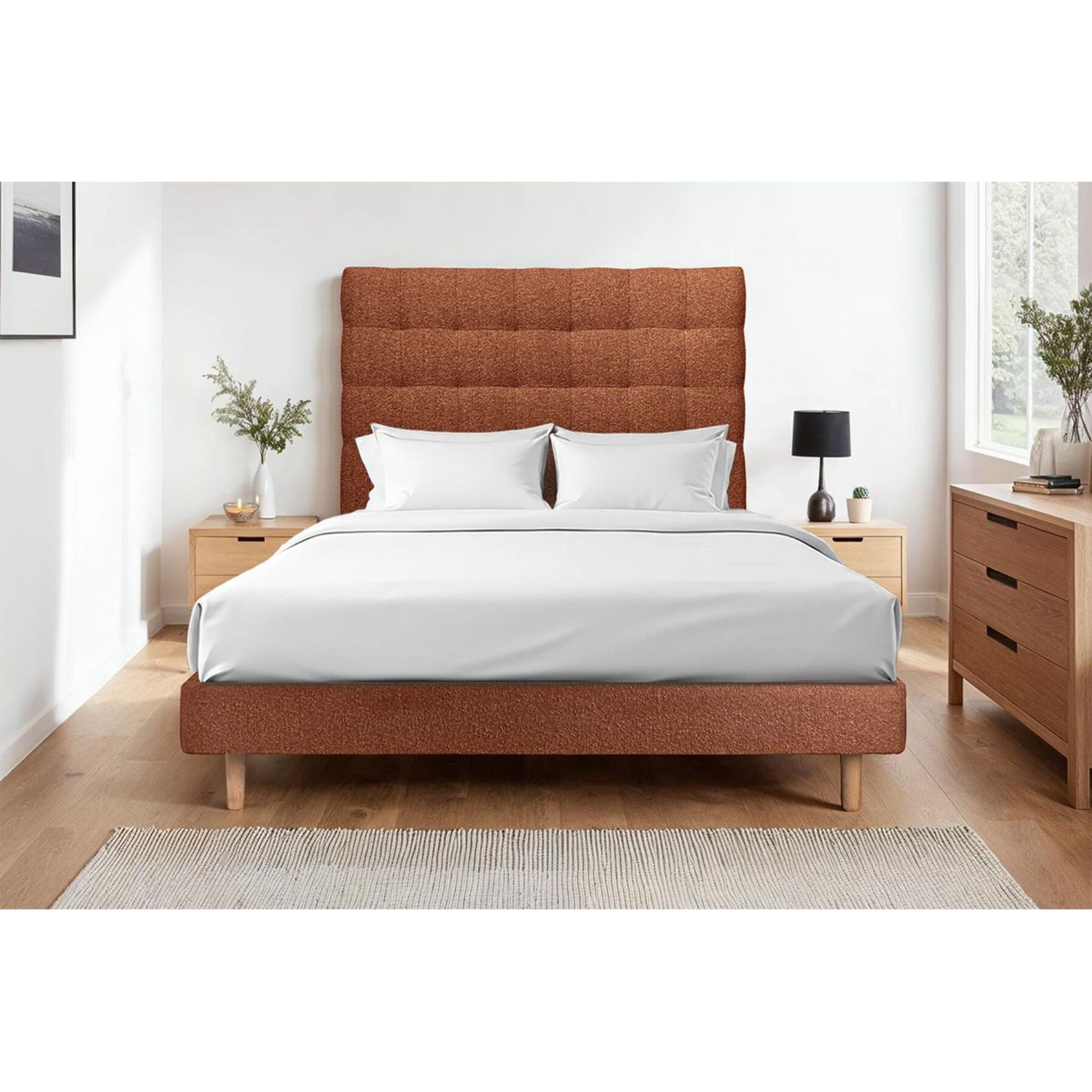 Lit avec tête de lit capitonnée bouclette et sommier kit Ep14