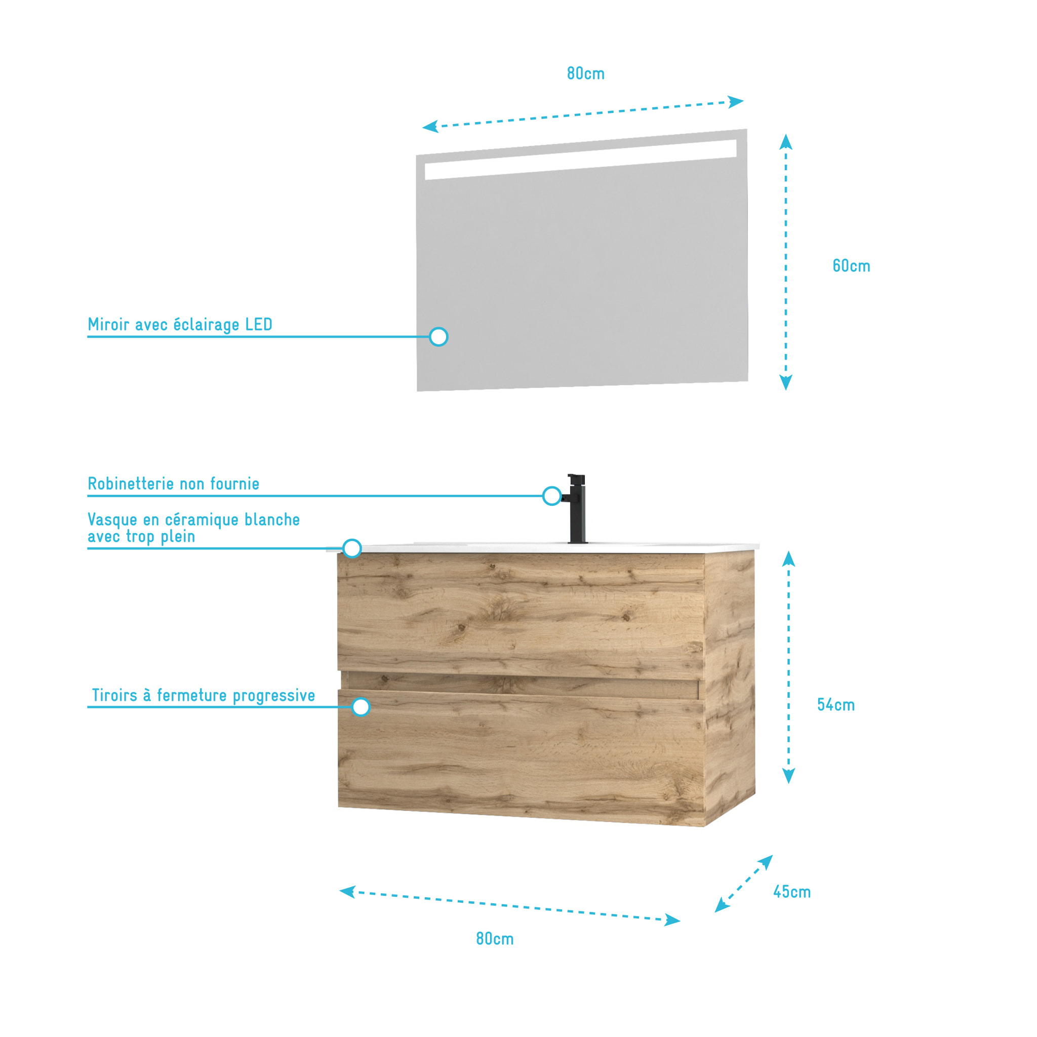 Pack Meuble SDB 80cm suspendu 2 tiroirs Chene_Vasque blanche + Miroir Led - TIMBER 80_Pack36