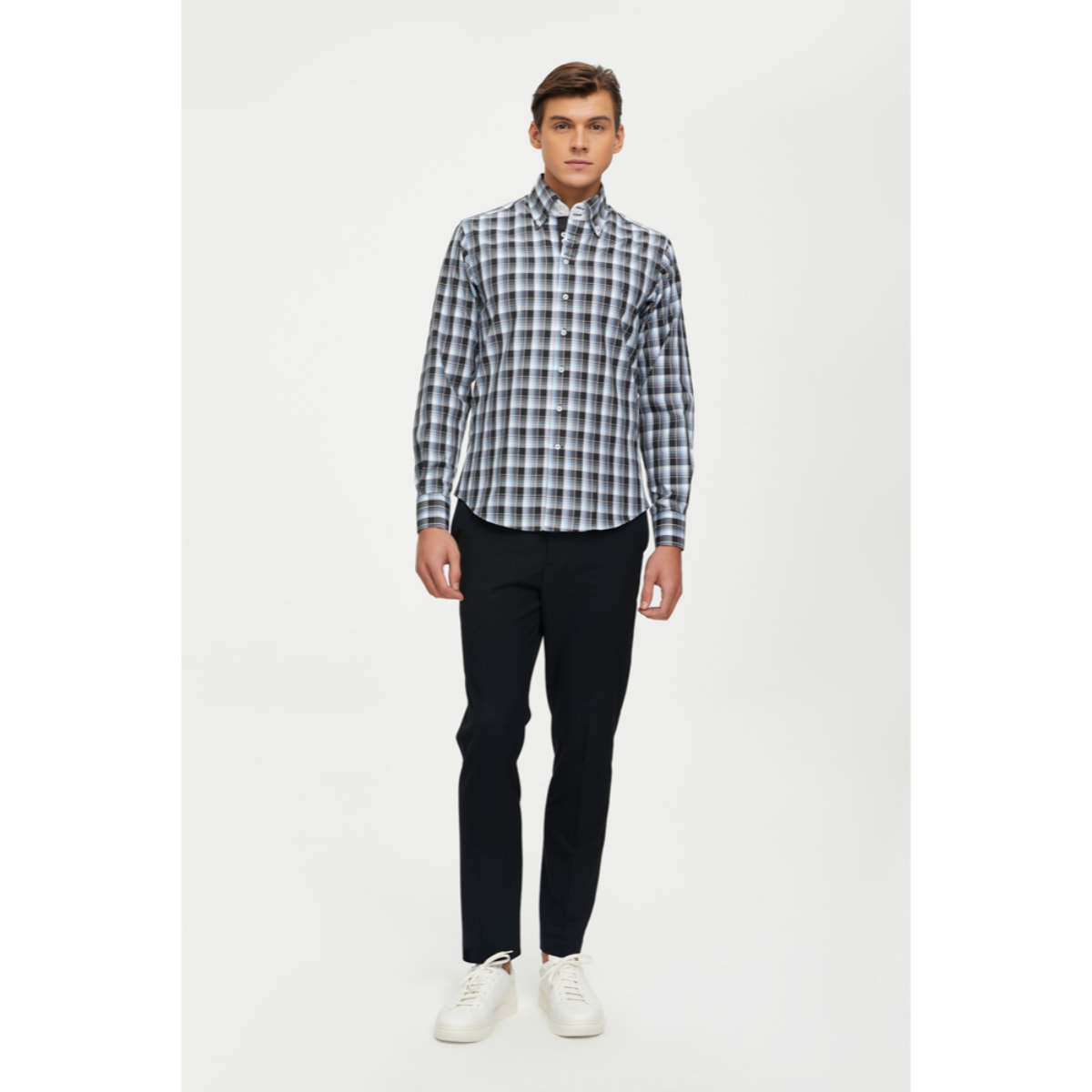 Camicia Uomo 2 Bottoni Button Down 7 Bottoni Slim Cotone Poliestere Quadro Grande Nero/Bianco